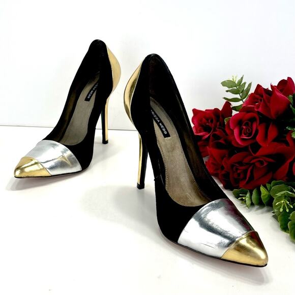 Marissa Webb Stiletto Heel Pump Size 8 Black Gold & Silver Leather Pointed-Toe - Picture 3 of 16